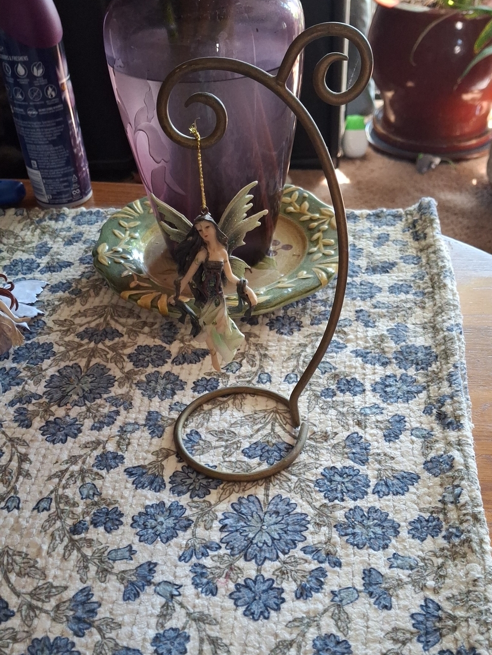 Hanging Fairy Ornament on Bronze Tone Stand - Blue/Green Dress